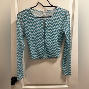 Rue21 Blue Mesh Checker Wave Button Cardigan Top Y2K Sheer Long Sleeve Small